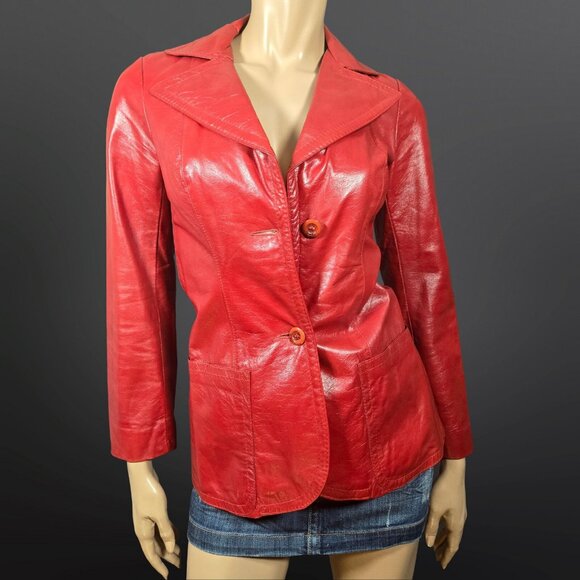 Unbranded Jackets & Blazers - Vintage 90s Red Leather Jacket Blazer Dagger Collar Fitted Womens Size XS